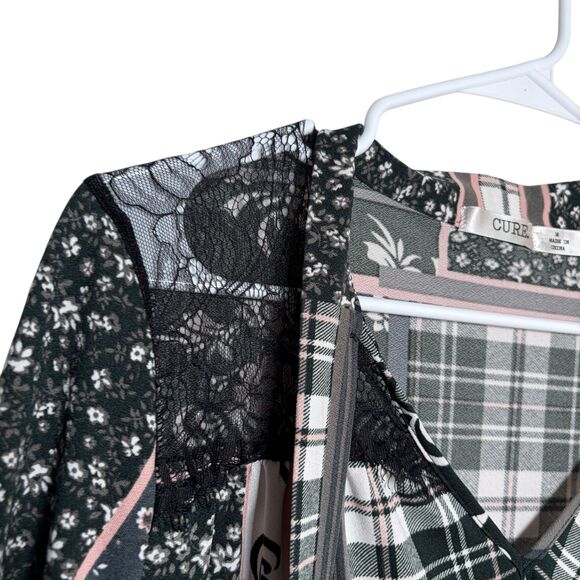 Cure Blouse Women's Medium V-Neck Patchwork 3/4 Sleeve Printed Shirt Top - Picture 5 of 10